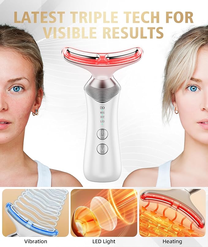 9-in-1 Red-Light-Therapy-for-Face-and-Neck, Portable Facial Massager Tool with Adjustable Vibration & Thermals for Wrinkles, Double Chin, White-BrightBean Baby