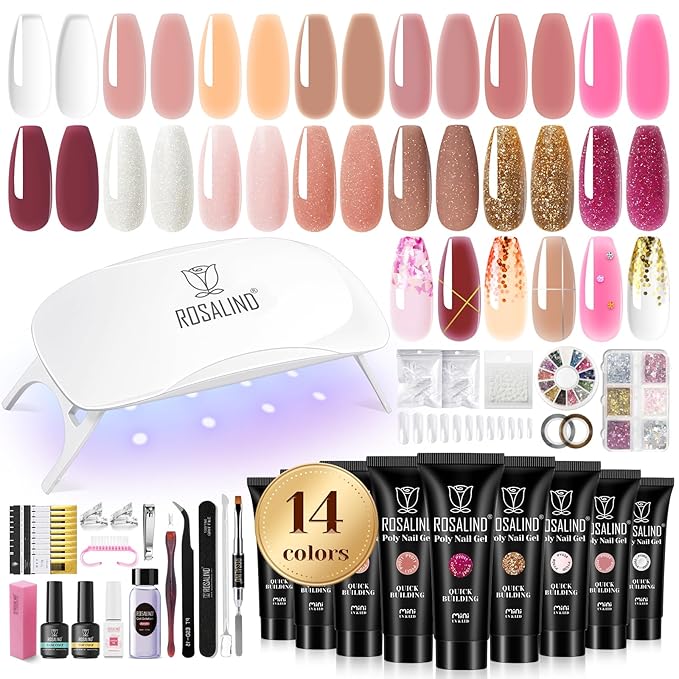 ROSALIND Poly Nail Gel Colors Kit -14 Colors +72 Nail Art Accessories kit Glitter Poly Nails Gel Kit Starter Kit with Mini UV Lamp Slip Solution Nude Pink Poly Nail Art for Beginners with Everything-BrightBean Baby