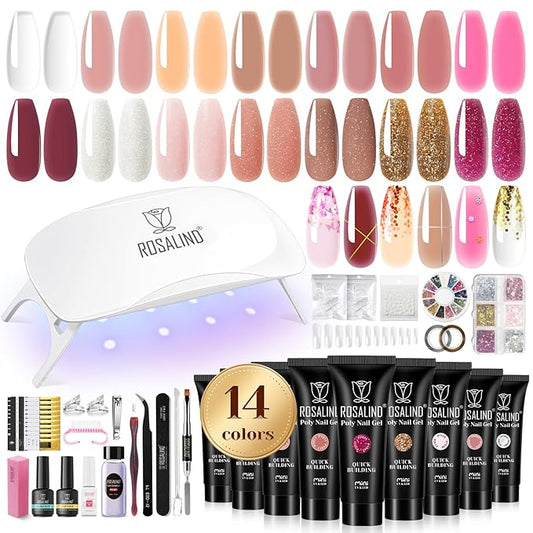 ROSALIND Poly Nail Gel Colors Kit -14 Colors +72 Nail Art Accessories kit Glitter Poly Nails Gel Kit Starter Kit with Mini UV Lamp Slip Solution Nude Pink Poly Nail Art for Beginners with Everything-BrightBean Baby