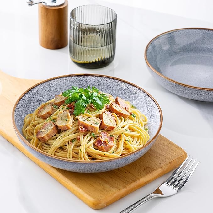 AmorArc 8.5'' Large Pasta Bowls, 36oz Ceramic Salad Serving Bowls Set of 6 for Kitchen, Wide Stoneware Bowls for Pasta,Salad,Fruit,Bread, Microwave Safe, Reactive Glaze-Blue