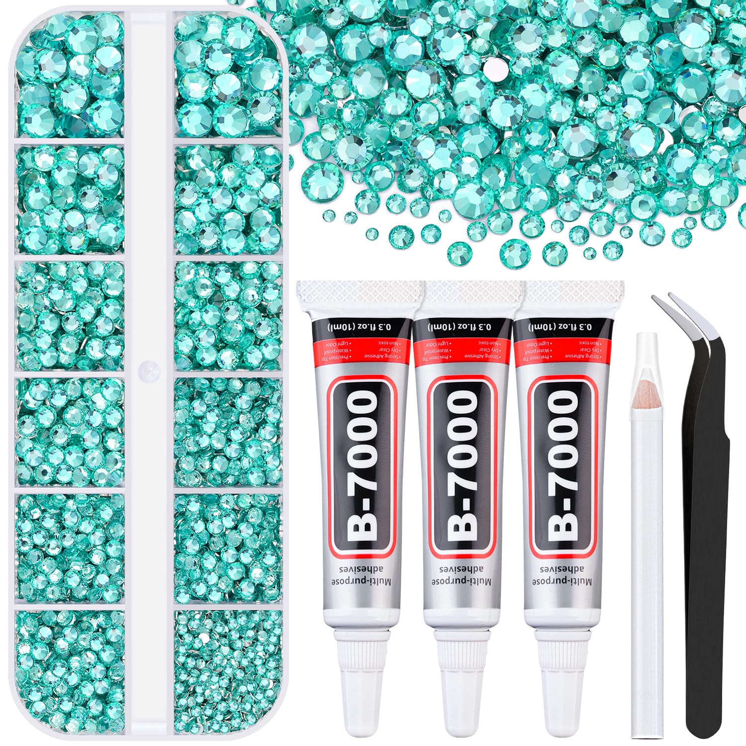 6000Pcs Resin Rhinestones for Bedazzling with 3Pcs B7000 Jewelry Glue, 1 Box Aquamarine Flatback Rhinestones for Crafting Crafts DIY, Crystals Gems for Clothing Shoes Tumblers Nail Art Makeup-BrightBean Baby