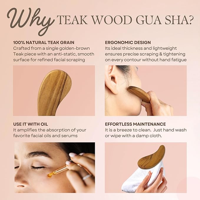 Teak Wood Gua Sha Facial Tool for Face and Body Massage, Anti-Aging Reduce Puffiness Wrinkles Shape Jawline Skincare Routine Treatment, Wooden Gua Sha Massager with Travel Pouch for Gift Set-BrightBean Baby