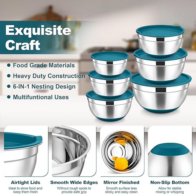 TeamFar Mixing Bowls, 6 PCS Stainless Steel Nesting Salad Bowl with Lids & 3 Graters, For Kitchen Cooking Serving Prepping, Airtight & Non-Slip, Size 4.6/3.5/2/1.5/1/0.7 QT, Blue