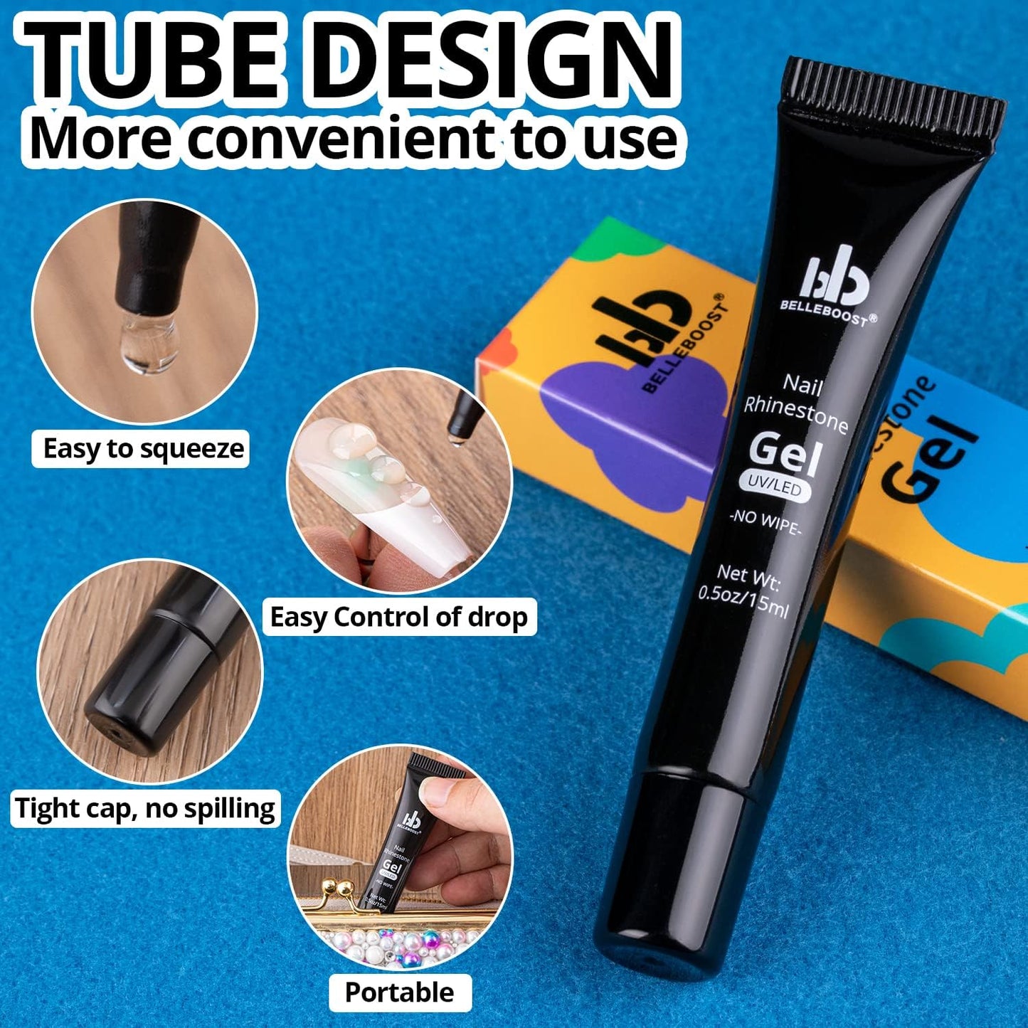 Nail Art Rhinestone Glue Gel&Flatback Gems Accessories Kit, 1 Tube of 15ml Rhinestone Gel Glue(UV/LED Needed)+1 Box of Flat-Back Half Round White Pearls with Pickup Pencil and Tweezer-BrightBean Baby