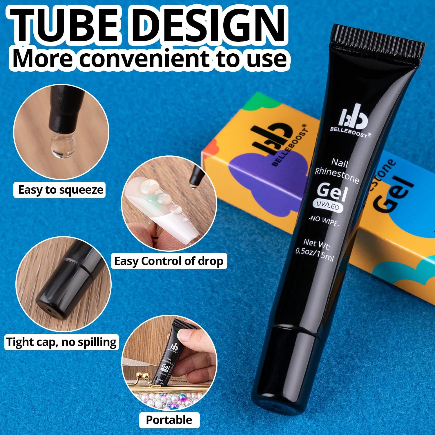 Nail Art Rhinestone Glue Gel&Flatback Gems Accessories Kit, 1 Tube of 15ml Rhinestone Gel Glue(UV/LED Needed)+1 Box of Flat-Back Half Round White Pearls with Pickup Pencil and Tweezer-BrightBean Baby