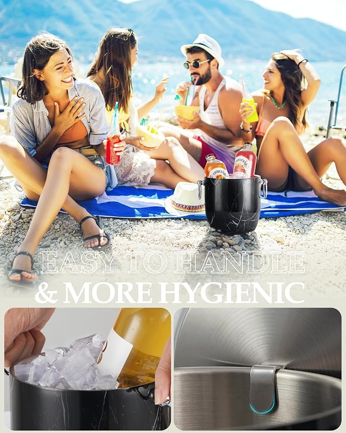 3 Liters Ice Bucket, Double Wall Stainless Steel, Insulated Ice Bucket, Including Strainer & Ice Cover Ice Tongs, Scoope,Black Marble
