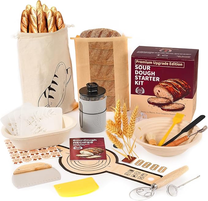 Deluxe Sourdough Starter Kit with Wood Pulp Round & Oval Bannetons & Personalized 34 oz Sourdough Starter Jar Air Flow Lid, Bread Sling Scrapers & Bag Complete Sourdough Bread Baking Supplies
