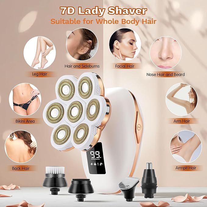 Electric Razors for Women, 7D Electric Shaver for Women, 5 in 1 Lady Shavers, Wet/Dry Bikini Trimmer, Rechargeable Facial Hair Removal, Painless Face Razor for Arms Legs Armpit Pubic Area-BrightBean Baby