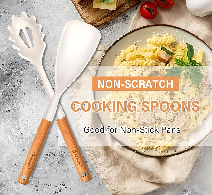 Silicone Cooking Spoon and Pasta Fork Set, 2 Pack Large Spatula Spoons Set with Wooden Handle, Heat Resistant Multifunction Spoon for Cooking, Serving and Mixing Spaghetti (White)