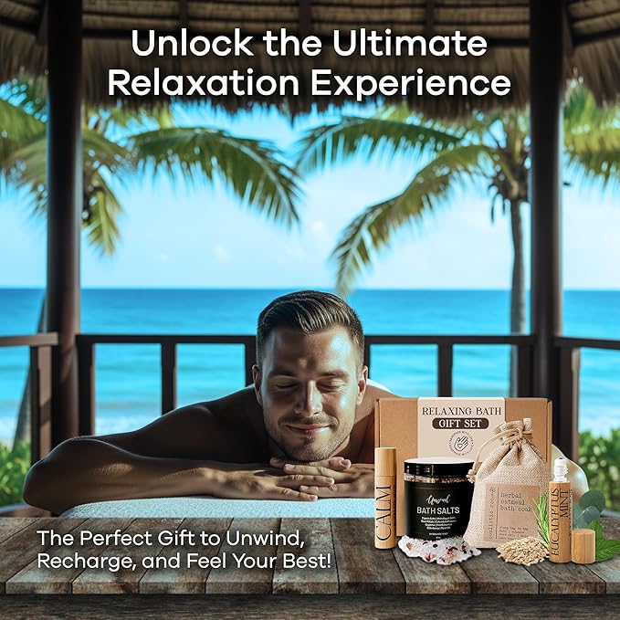 Relaxing Bath Gift Set, Luxury Spa Gifts for Women, Self Care Products for Women and Men, Calm Essential Oil Roller, Oatmeal Lavender Bath Soak & Epsom Salts with Essential Oils-BrightBean Baby