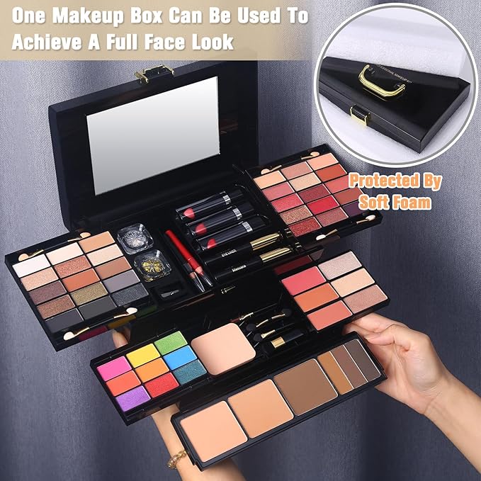 Professional Makeup Kit for Women Girl Full Kit with Mirror 60 Colors All in One Make up Gift Set Included Eyeshadow,Blusher,Highlighter,Compact Powder,Brow Powder,Lipstick,Glitter,Eyeliner,Mascara 01-BrightBean Baby