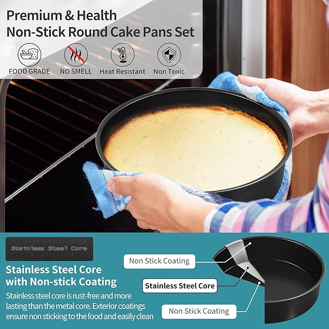 P&P CHEF 6/8/ 9.5 Inch Cake Pan Set of 3, Non-Stick Round Cake Pans Tins for Tier Smash Cakes, Baking Pans Set & Essential Bakeware, Stainless Steel Core & Leak-Proof