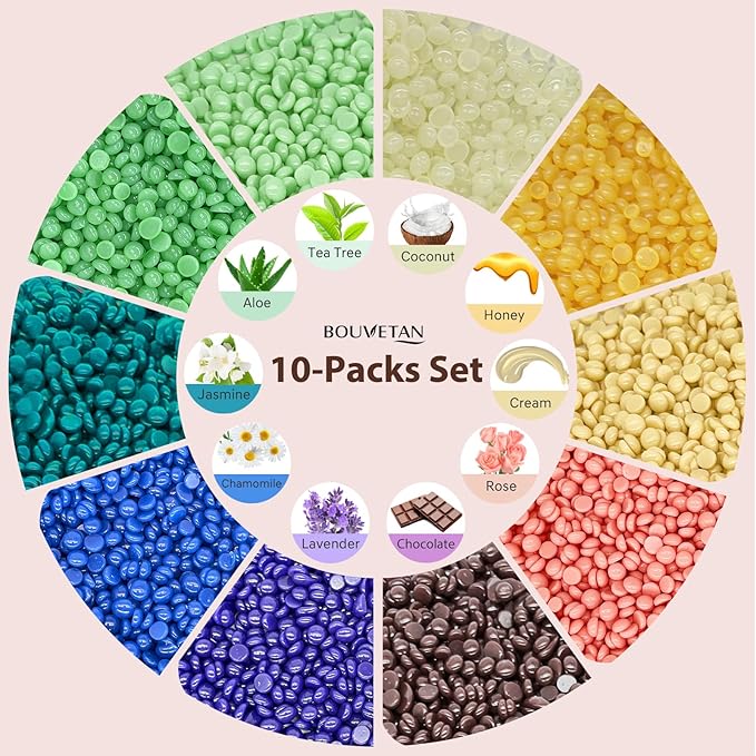 Wax Beads for Hair Removal, 2.2lb/1000g Hard Waxing Beans for Full Body, Brazilian, Bikini, Face, Eyebrows, Home Wax Refill for Women & Men, Pack of 10 with Pre & Post Oil-BrightBean Baby