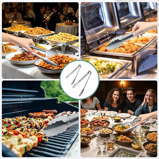 12 Pieces Buffet Tongs 7'' Serving Tongs Heavy Duty Stainless steel Kitchen and BBQ Utility Tong (Silver, 7inch)