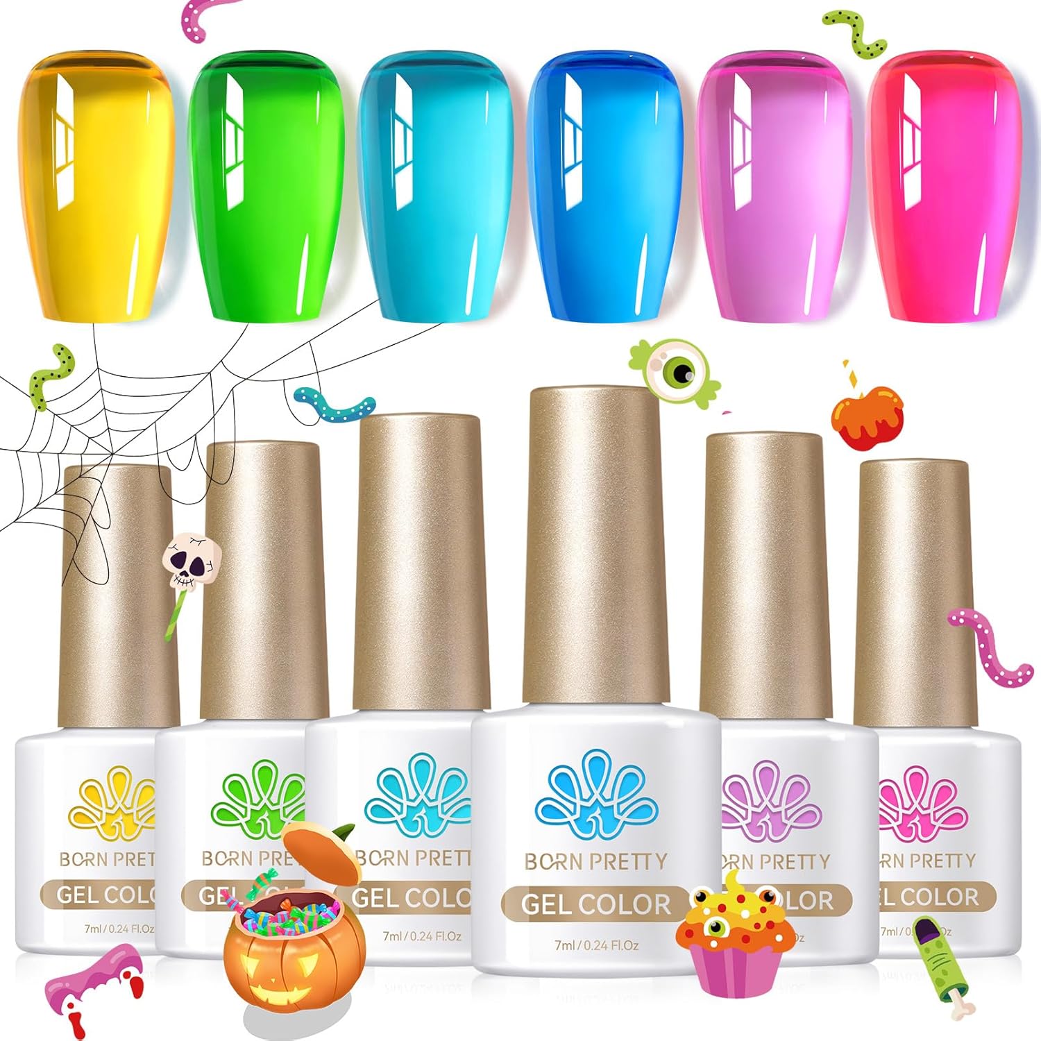 Born Pretty Jelly Gel Nail Polish Halloween Neon Gel Polish,Hot Pink Purple Blue Green Yellow 6Colors Translucent Effect,Soak Off U v LED Light Cure Nail Art Kit for Salon Manicure and DIY at Home-BrightBean Baby