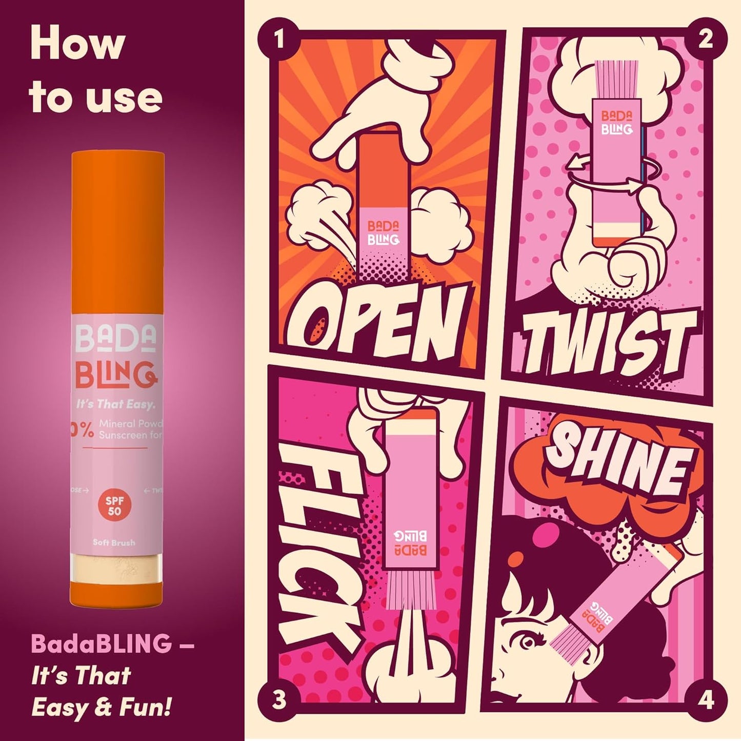 Bada Boom Bada Bling Shimmer Mineral Translucent Sunscreen Powder, Brush on SPF 50 and Sparkles-BrightBean Baby