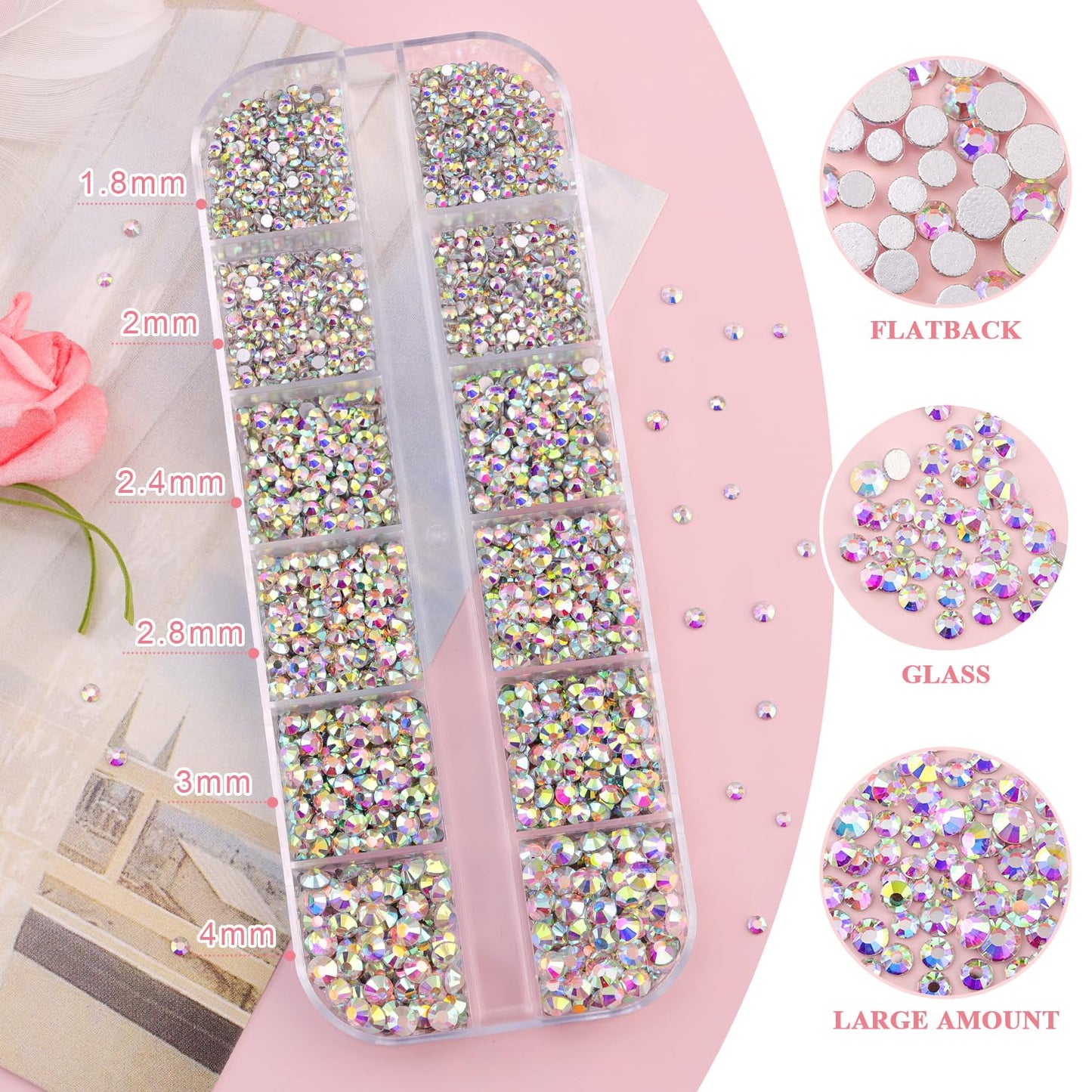 3600pcs Glass AB Nail Rhinestones 6 Sizes(1.8/2/2.4/2.8/3/4mm) Flatback Crystal Nail Charms Jewels Decoration for Nail Art and Crafting, Tweezer and Pickup Pen included-BrightBean Baby