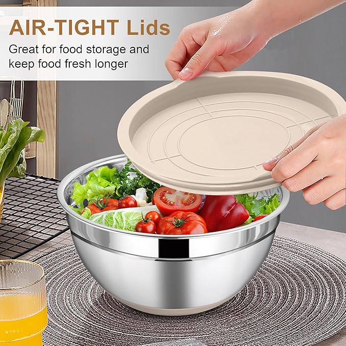 LIANYU Stainless Steel Mixing Bowls Set with Airtight Lids, 6 Piece Nesting Metal Bowls for Kitchen Baking Cooking Serving Food Storage, Size 7, 3.5, 2.5, 2, 1.5, 1QT, Non-slip Bottom, Khaki
