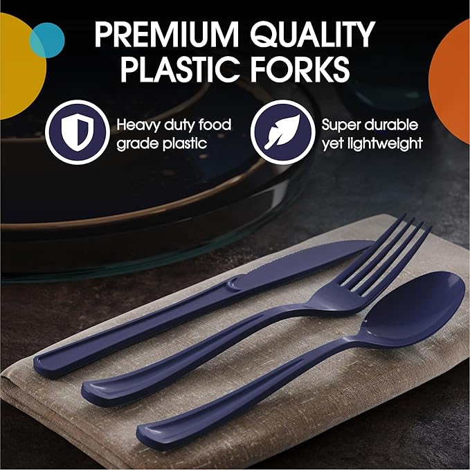 Party Solids Navy Plastic Silverware Heavy Duty 300 Pieces Navy Plastic Cutlery Sets, Utensil Sets, 100 Of Each Forks, Knives & Spoons Disposable Cutlery Set, Flatware Set For Party Supplies