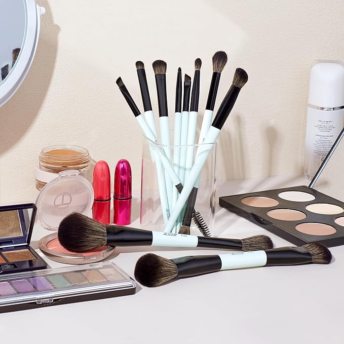 Jessup Makeup Brushes Set 10pcs, Double Sided Foundation Contour Blush Highlight Blending Eyebrow Brush Eyeshadow Eyeliner Concealer Brush, Bright Cyan Cruelty Free Cosmetic Tools T500-BrightBean Baby