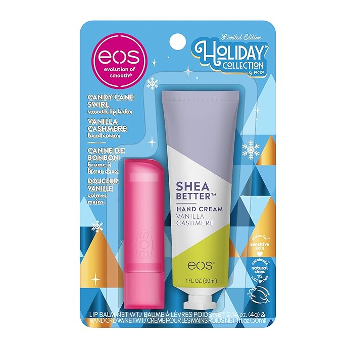 eos Holiday Skin Care Set- Vanilla Cashmere Travel Hand Cream & Candy Cane Swirl Lip Balm, Stocking Stuffers, 1 fl oz Hand Cream + 0.14 oz Lip Balm, 2-Pack-BrightBean Baby