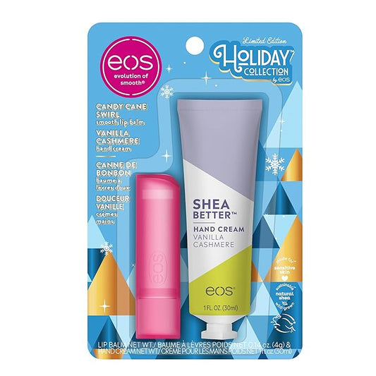 eos Holiday Skin Care Set- Vanilla Cashmere Travel Hand Cream & Candy Cane Swirl Lip Balm, Stocking Stuffers, 1 fl oz Hand Cream + 0.14 oz Lip Balm, 2-Pack-BrightBean Baby