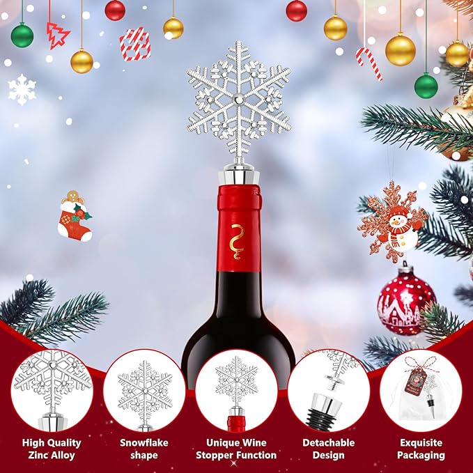 12Pcs Christmas Snowflake Wine Bottle Stopper Bulk Xmas Silver Wine Bottle Corkers Party Favors with Card and Ropes, for Winter Decoration Wedding Holiday Supplies Wine Accessories Gift for Hostess