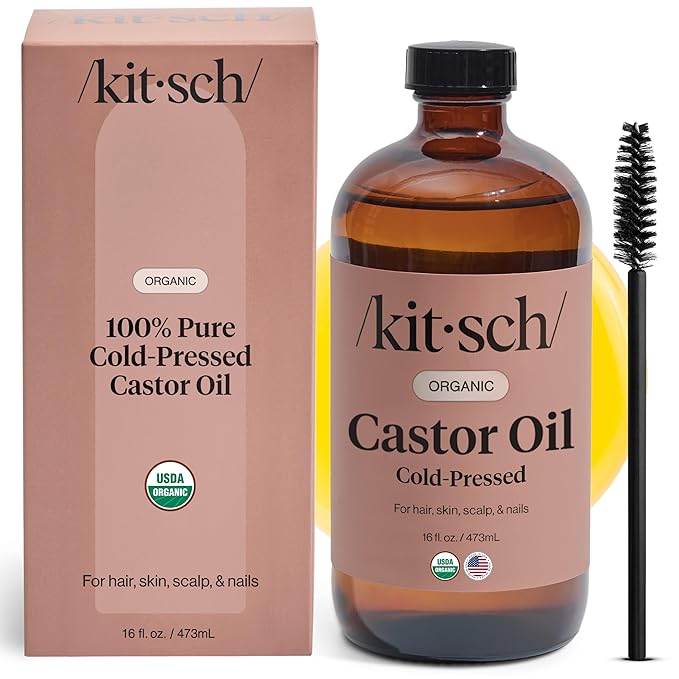 Kitsch Organic Castor Oil for Hair Growth - 100% Pure Castor Oil, Organic Cold Pressed Unrefined Glass Bottle for Face, Skin, Lashes, Brows, Scalp, Nails & Belly Button - Hexane Free, USDA - 16 oz-BrightBean Baby