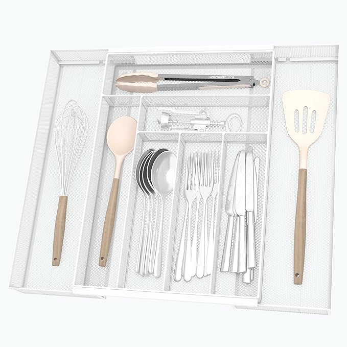 Silverware Organizer Metal Mesh, Large Drawer Organizer, Utensil Cutlery Tray for kitchen drawers, Expandable Flatware Organizer with 8 Compartment White 11.6"~20" x 17.3"