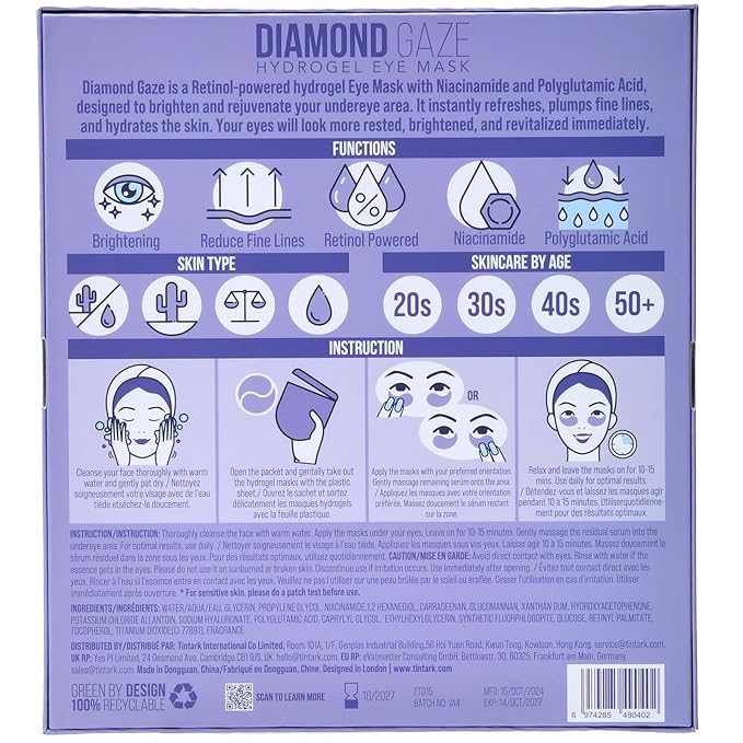 DIAMOND GAZE Under Eye Patches 28 Pairs, Rejuvenate Eye Area, Soothing Hydrate Brighten Skin, Plumps Fine Lines, Hydrogel Eye Mask with Retinol, Niacinamide and Polyglutamic Acid, Eye Gel Pads-BrightBean Baby