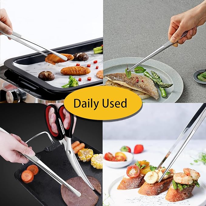 JETKONG 2 Pcs 12-Inch Kitchen Tweezers Fine Tweezer Tongs, Extra-Long Stainless Steel Cooking Tweezers (Silver)