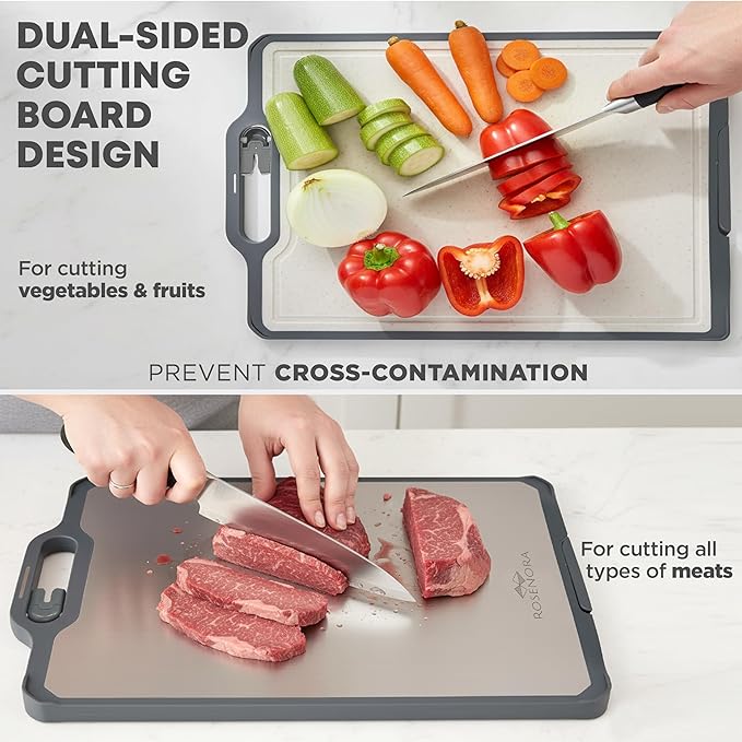 Double-Sided Cutting Board with Stand, Knife Sharpener & Grater | Non-Toxic Titanium + Wheatstraw PP Chopping Board | Healthy Choice Kitchen Accessory for Meat, Vegetables & Fruit