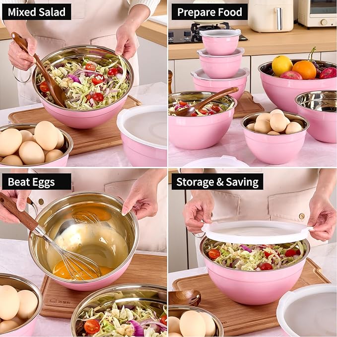 Pink Mixing Bowls with Lids Set of 7, Stainless Steel Nesting Bowl with Khaki Lid for Non-slip Mixing Prepping Storing Serving, 7 Sizes-7/3.6/2.7/2.1/1.5/1/0.8 QT