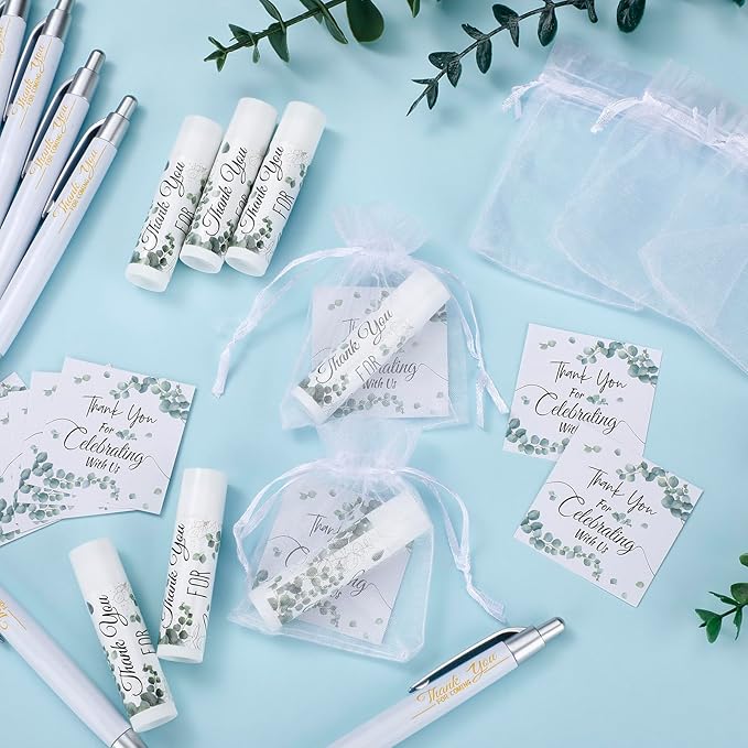 50 Set Bulk Thank You Combo Gifts Include Lip Balms Appreciation Ballpoint Pen Thank You Card Organza Drawstring Gift Bag Pouch for Wedding Parties Baby Shower Favors, Eucalyptus Leaves Style-BrightBean Baby