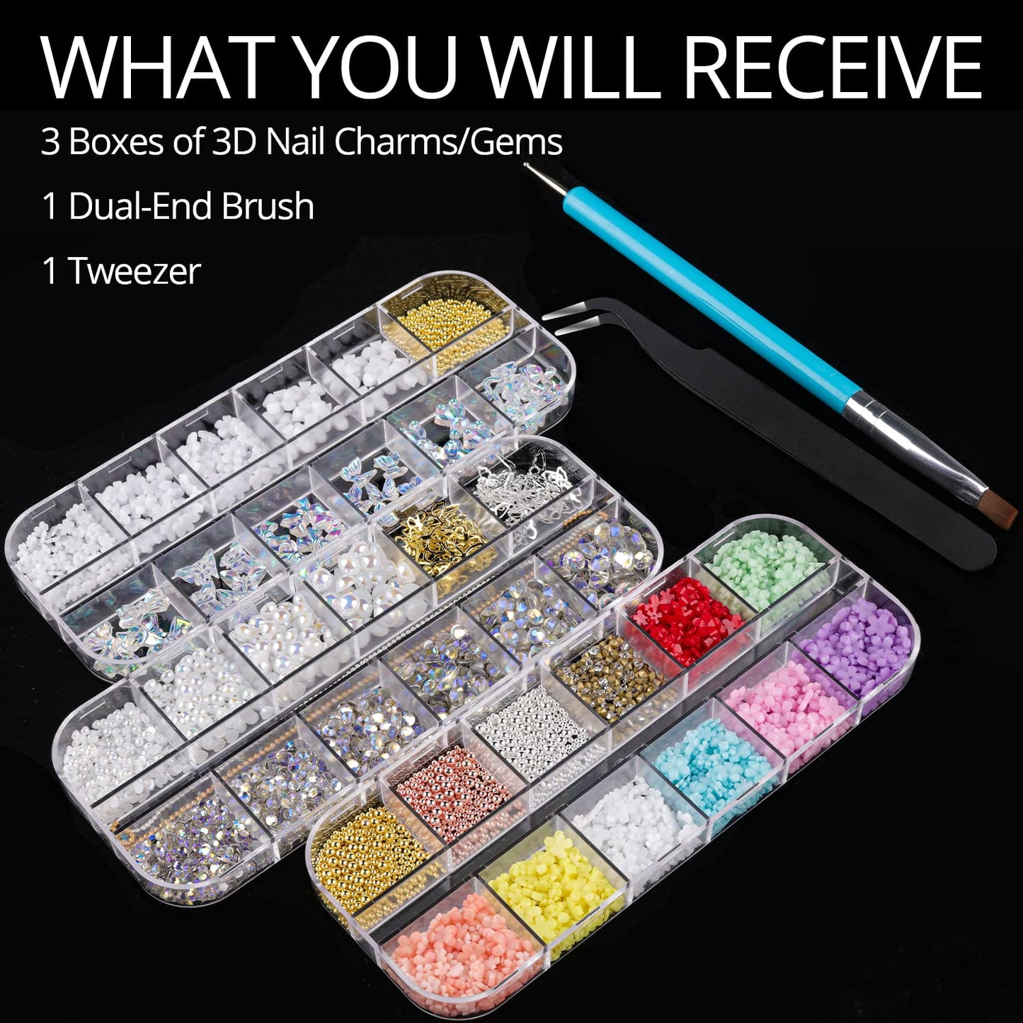 Mixed 3D Nail Art Gem Decoration Accessories Kit #2, Aurora Bear Bow Butterfly Starry AB Rhinestone Charm Jewelry for Deco, Pearl Flower Caviar Bead Stone Crystal with Dual-End Brush and Tweezer-BrightBean Baby