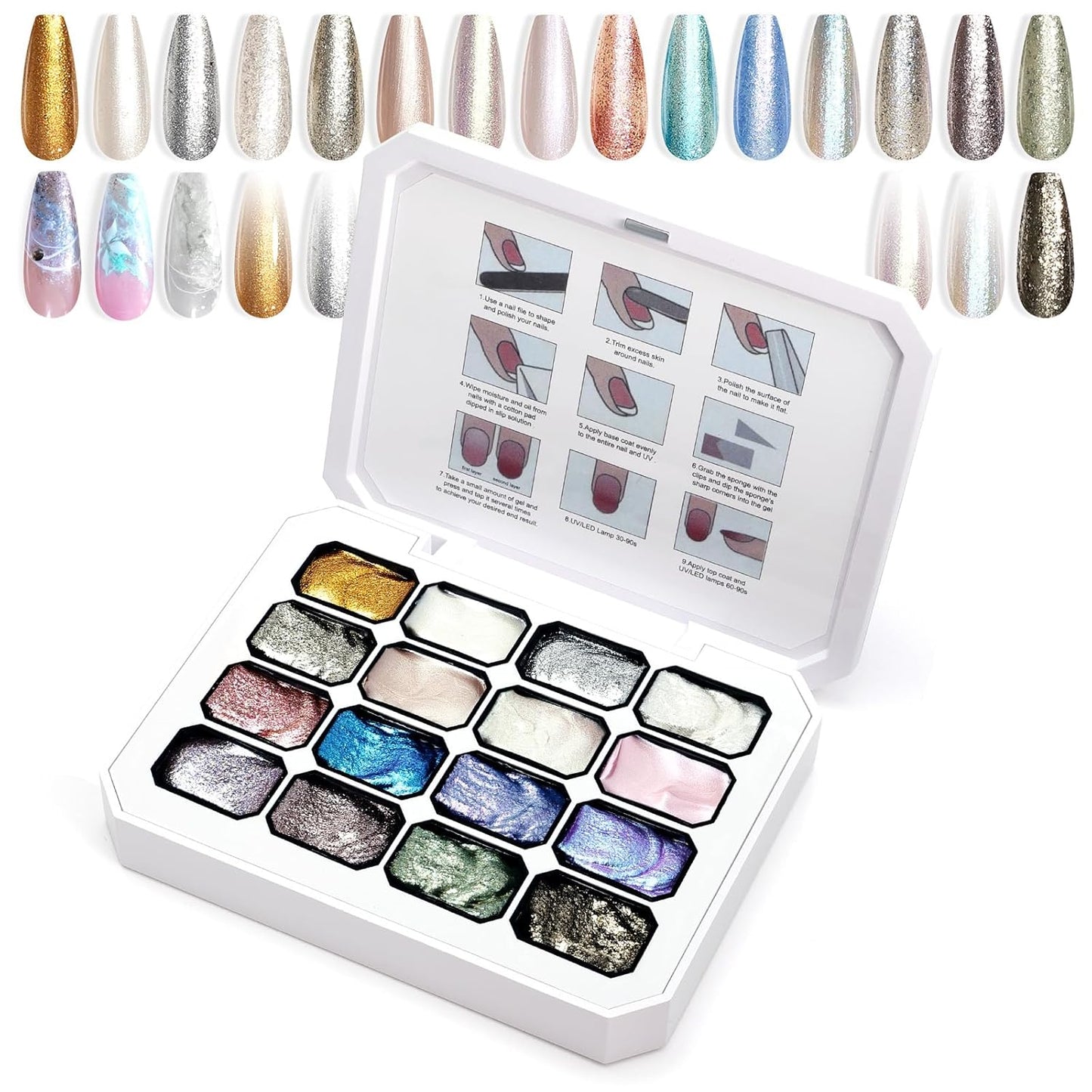 Gradient Painting Gel, 16 Gliter Colors Ombre Gel Nail Polish for Pigment Pat Silver&Gold Pink Blue Aurora color Bright Nails, French Manicure DIY Nail Art No-wipe Palette for Women-BrightBean Baby