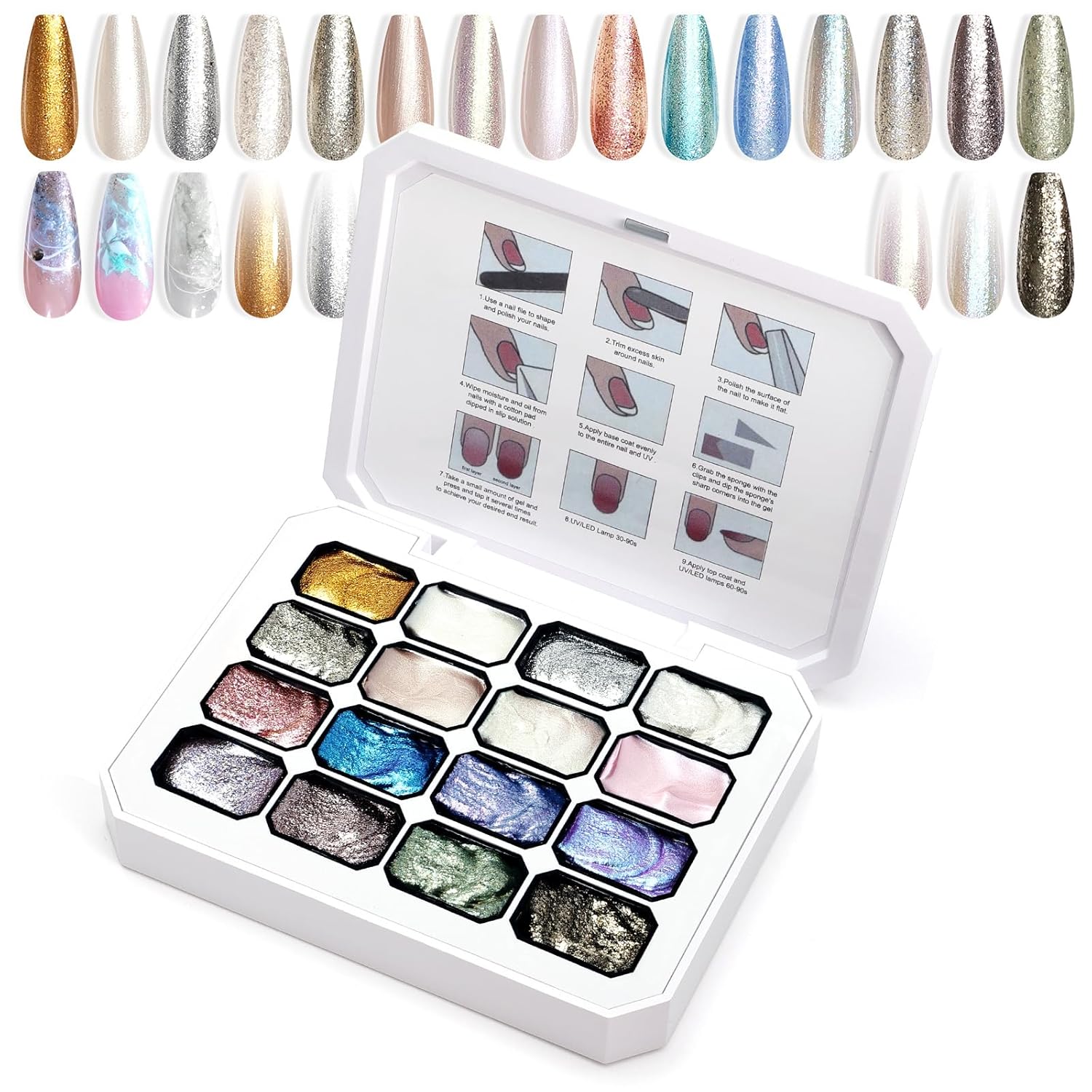 Gradient Painting Gel, 16 Gliter Colors Ombre Gel Nail Polish for Pigment Pat Silver&Gold Pink Blue Aurora color Bright Nails, French Manicure DIY Nail Art No-wipe Palette for Women-BrightBean Baby