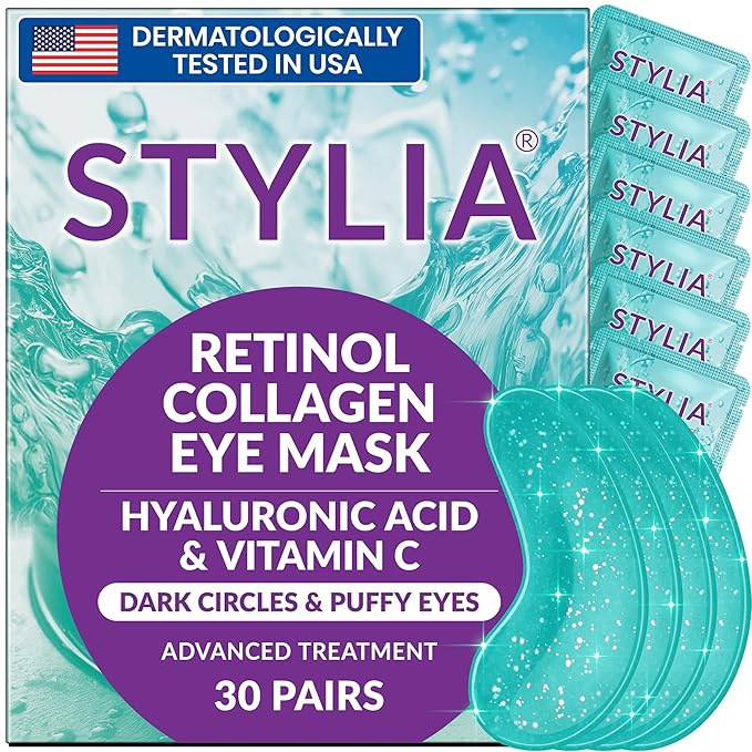 Stylia Under Eye Patches for Puffy Eyes and Dark Circles (30 Pairs) - Marine Collagen Under Eye Mask with Retinol, Vitamin C, Hyaluronic Acid, Pearl Extract - Eye Masks for Dark Circles and Puffiness-BrightBean Baby
