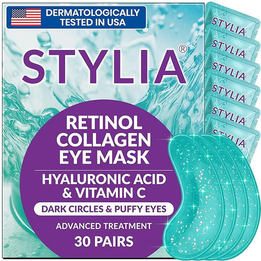Stylia Under Eye Patches for Puffy Eyes and Dark Circles (30 Pairs) - Marine Collagen Under Eye Mask with Retinol, Vitamin C, Hyaluronic Acid, Pearl Extract - Eye Masks for Dark Circles and Puffiness-BrightBean Baby