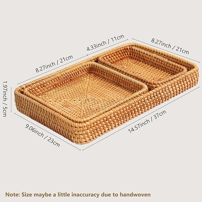 Rattan Tray Set of 3, Rectangular Woven Wicker Tray, Natural Wicker Rattan Serving Baskets for Table Kitchen Bathroom Counter Organizing