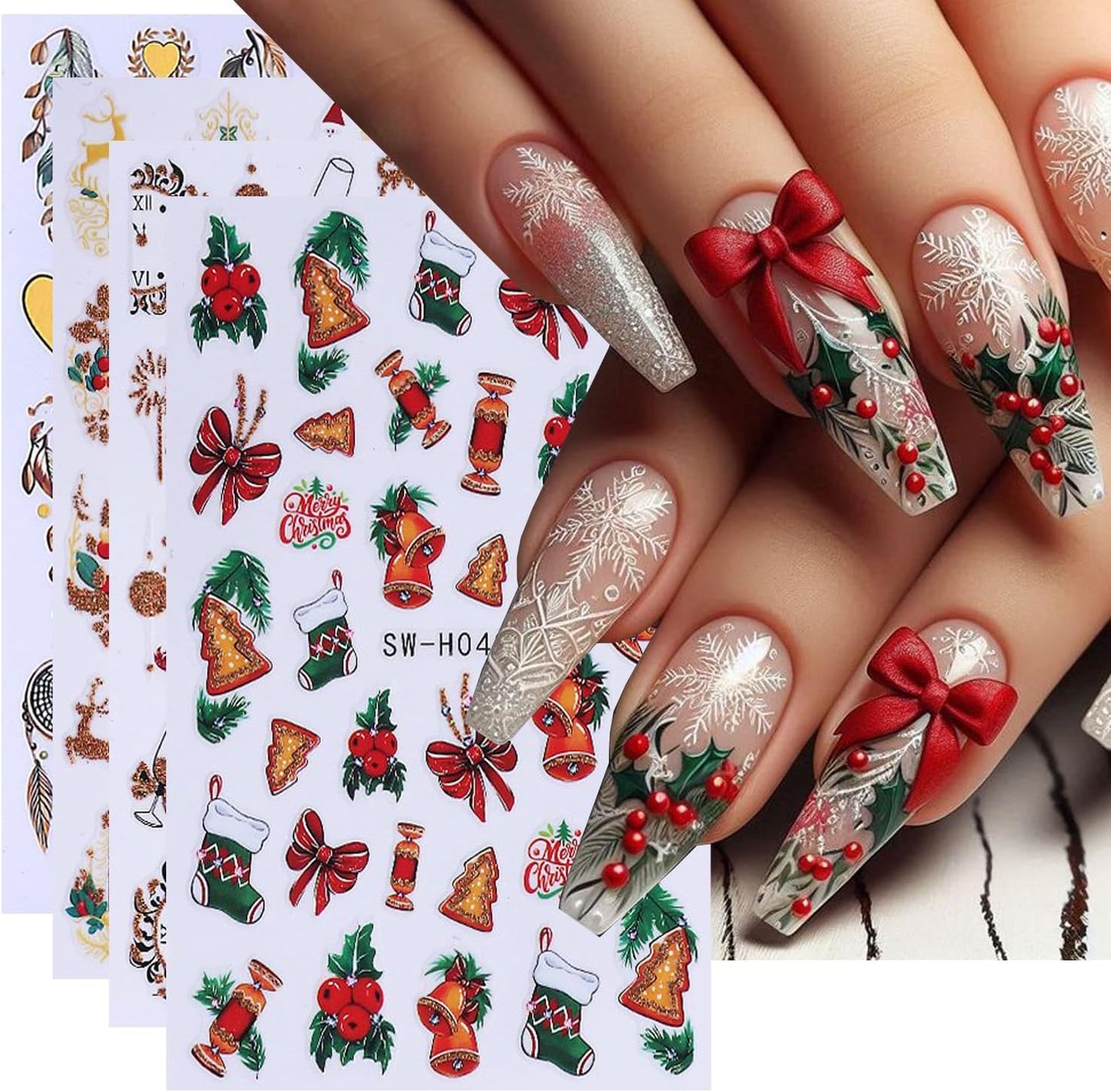 4Sheet Christmas Nail Art Stickers Santa Claus Elk Snowflake Nail Decals 3D Self-Adhesive Fireworks Clock Bow Designs Nail Supplies Winter Xmas Nail Sticker Nail Art for Women DIY New Year Nail Decor-BrightBean Baby