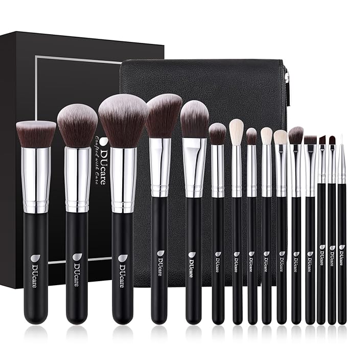 DUcare Makeup Brushes with Bag,15Pcs Makeup Brush Set Christmas Gift Travel Kabuki Foundation Blending Blush Eyeliner Shadow Brow Concealer Brushes Kit Black-BrightBean Baby