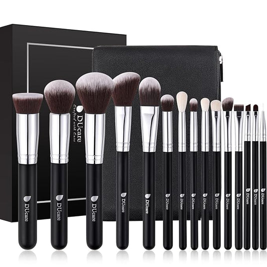 DUcare Makeup Brushes with Bag,15Pcs Makeup Brush Set Christmas Gift Travel Kabuki Foundation Blending Blush Eyeliner Shadow Brow Concealer Brushes Kit Black-BrightBean Baby