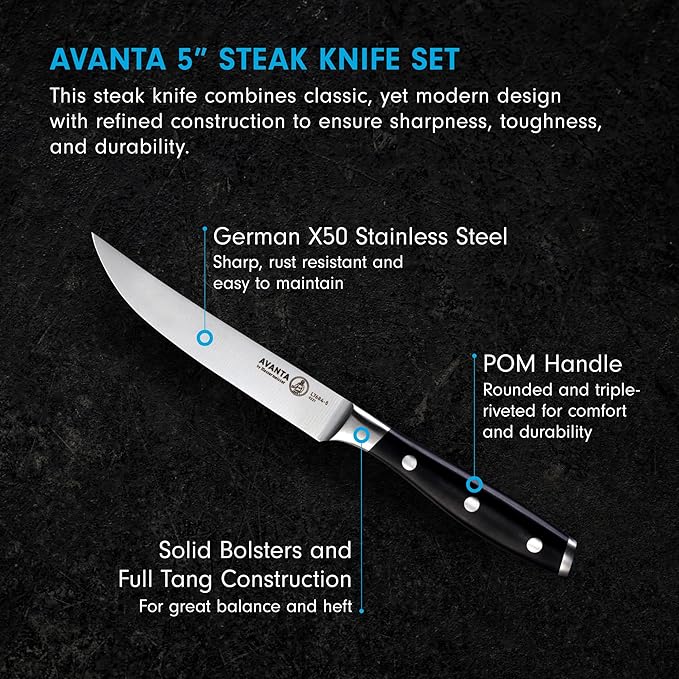 Messermeister Avanta 5” Fine Edge Steak Knife Set - Pack of 2 - German X50 Stainless Steel - Rust Resistant & Easy to Maintain - Includes 8 Total Steak Knives