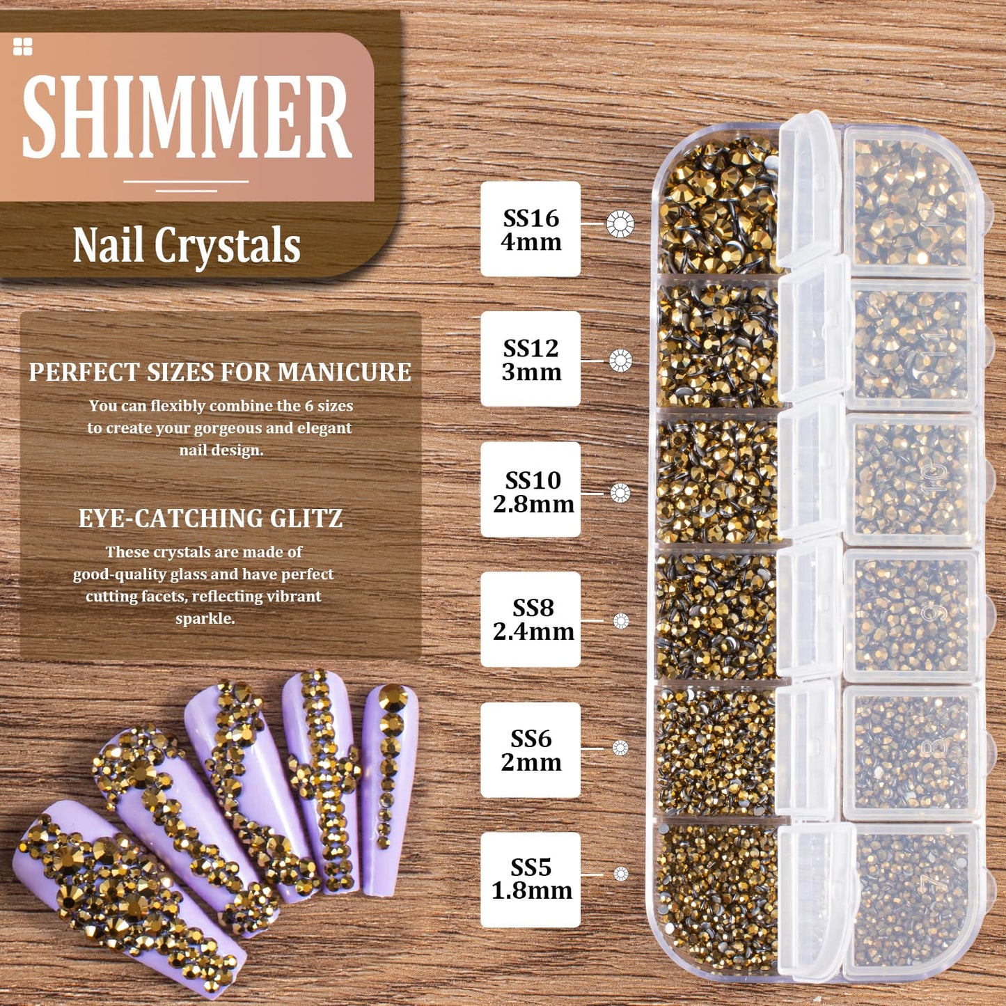 3600pcs Glass Mineral Gold Nail Rhinestones 6 Sizes(1.8/2/2.4/2.8/3/4mm) Flatback Crystal Nail Charms Jewels Decoration for Nail Art and Crafting, Tweezer and Pickup Pen included-BrightBean Baby