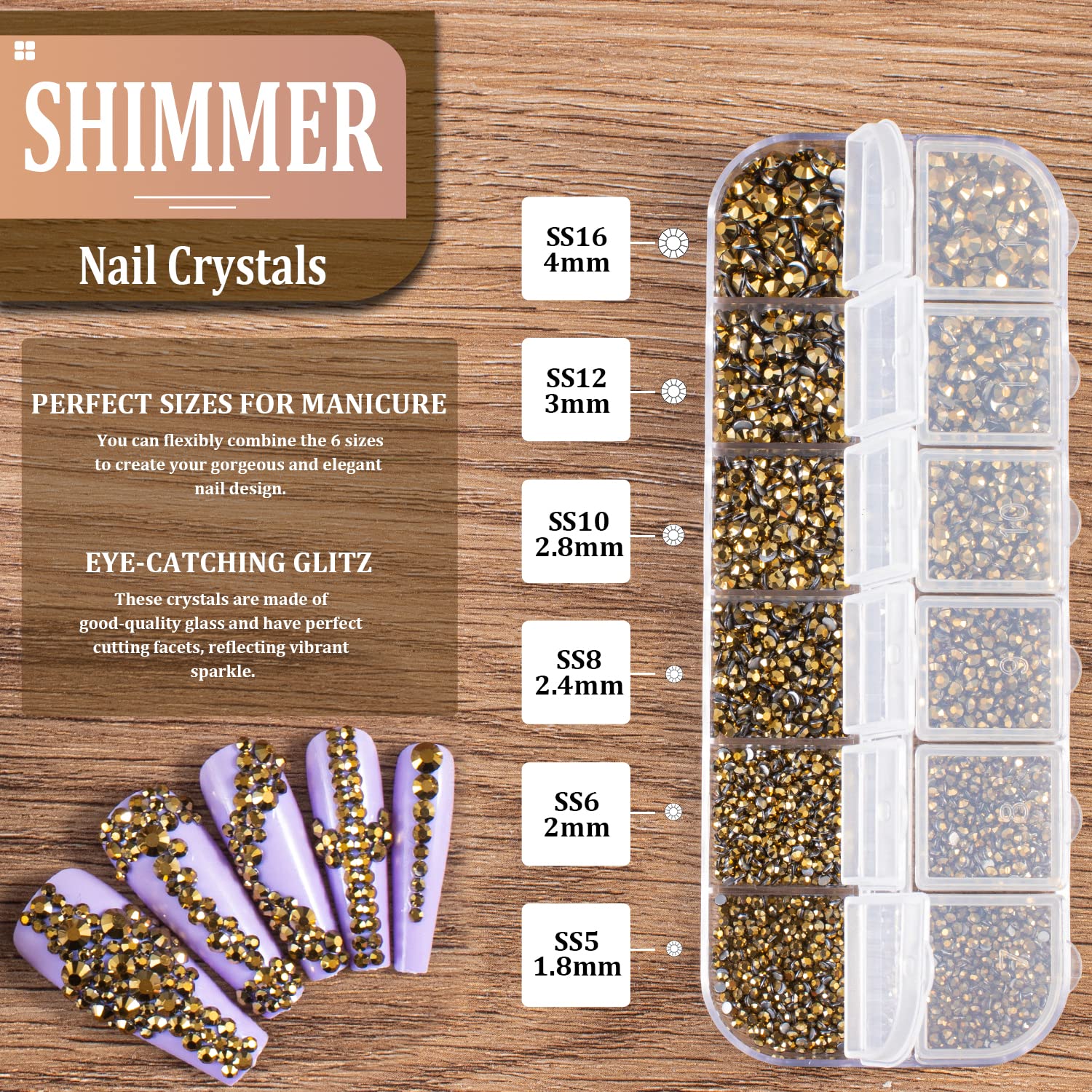 3600pcs Glass Mineral Gold Nail Rhinestones 6 Sizes(1.8/2/2.4/2.8/3/4mm) Flatback Crystal Nail Charms Jewels Decoration for Nail Art and Crafting, Tweezer and Pickup Pen included-BrightBean Baby