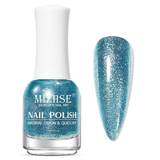 MIZHSE Quick Dry Glitter Blue Nail Polish, Fast Drying Nail Polish, 15ml High Glossy Sparkly Shiny Shimmer Nail Lacquer Nail Art Salon Manicure Home-BrightBean Baby
