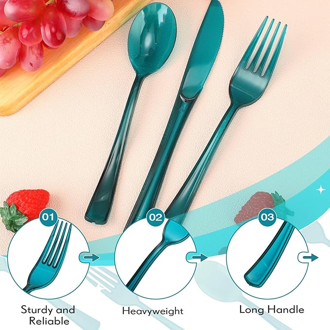 Minatee 150 Pieces Disposable Cutlery Set Plastic Silverware Heavy Duty Utensil Sets 50 Forks 50 Knives 50 Spoons for Home Office School Party Picnics Restaurant Outdoor Events(Peacock Blue)