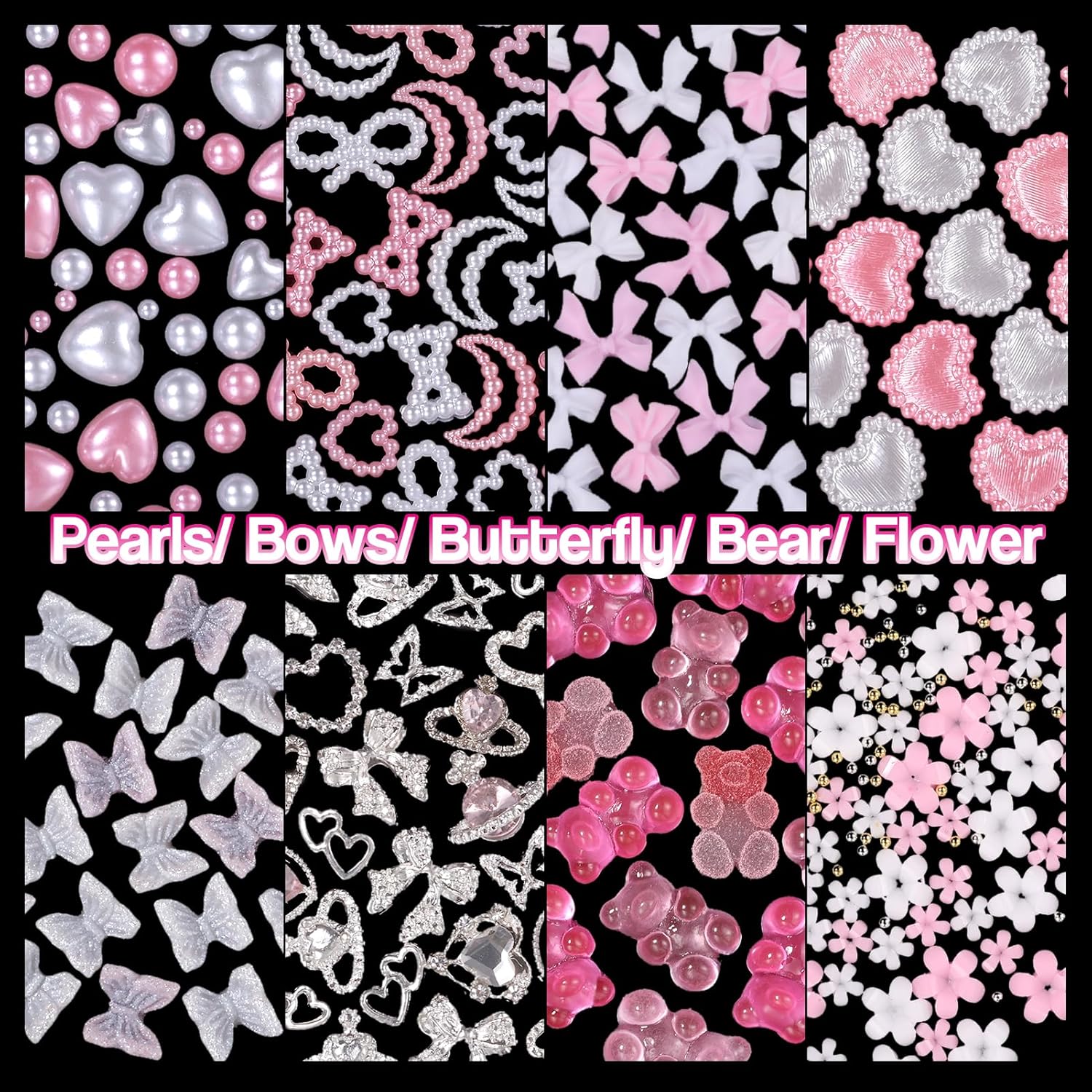 Silver Nail Gems Charms, 3D Pink Color Nail Art Charms, Acrylic Blossom Tiny Flowers Flatback Multi Styles Pearls Nail Charms Planet Heart Butterfly Nail Diamond Charms for Nails Manicure DIY Crafts-BrightBean Baby