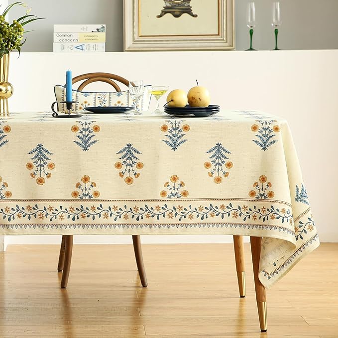 ISAENNE Designer French Pale Yellow Small Rectangular Tablecloth,Linen Floral Table Cloth,Wrinkle Resistant Decor Tablecloths for Dining Thanksgiving Banquet Kitchen Party,55"*71"-Estevan A